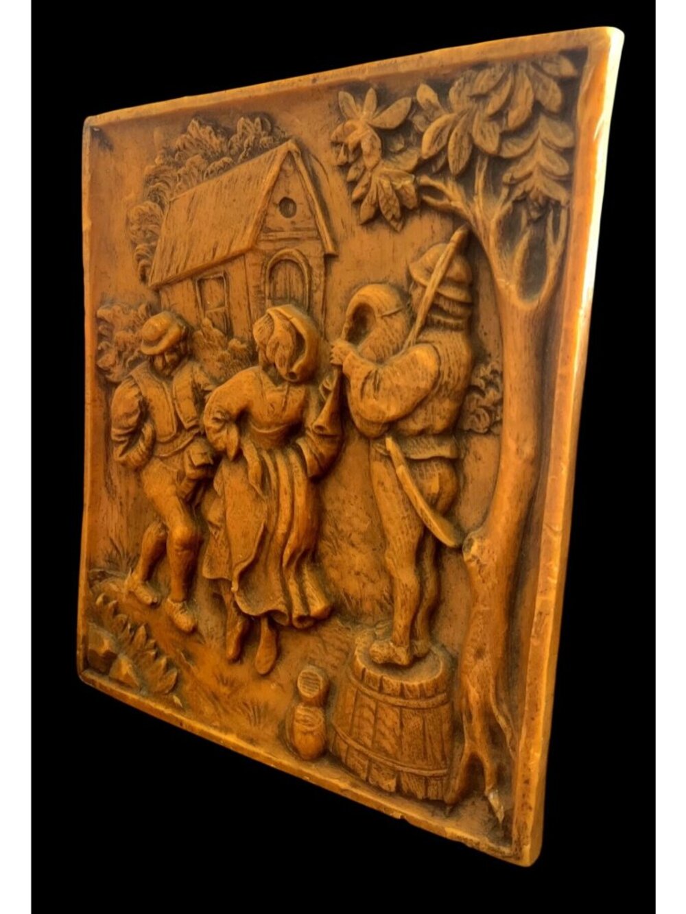 Vtg Belgian Hand-Carved Wax Relief Panel Breughel Style Scene Wall Art - Picture 4 of 5
